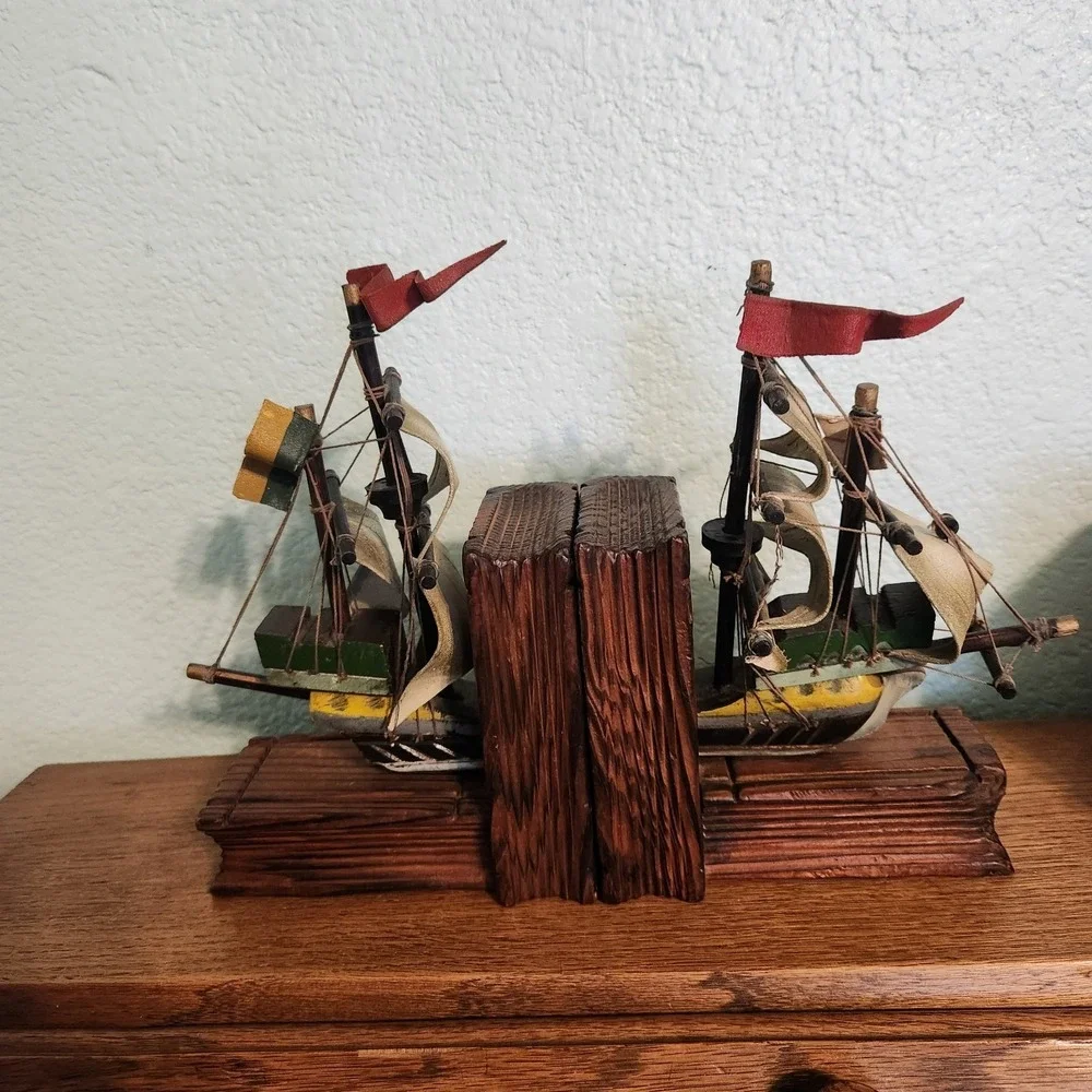 Vtg Ship Nautical Wood‎ and Paper Mache Cloth Bookends Set Pirate Spanish MCM